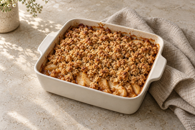 Cinnamon-ginger apple crisp with golden oat topping in a square baking dish.
