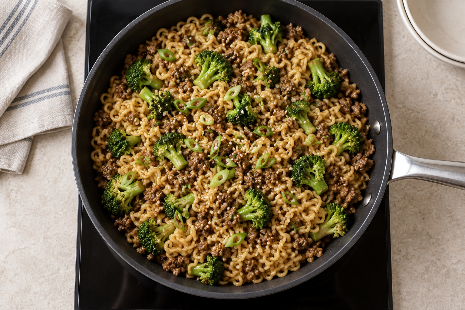 Ginger-Sesame Beef & Broccoli Noodles, overhead view