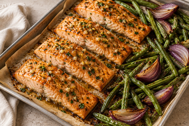 Honey-garlic lemon salmon with green beans and red onion.