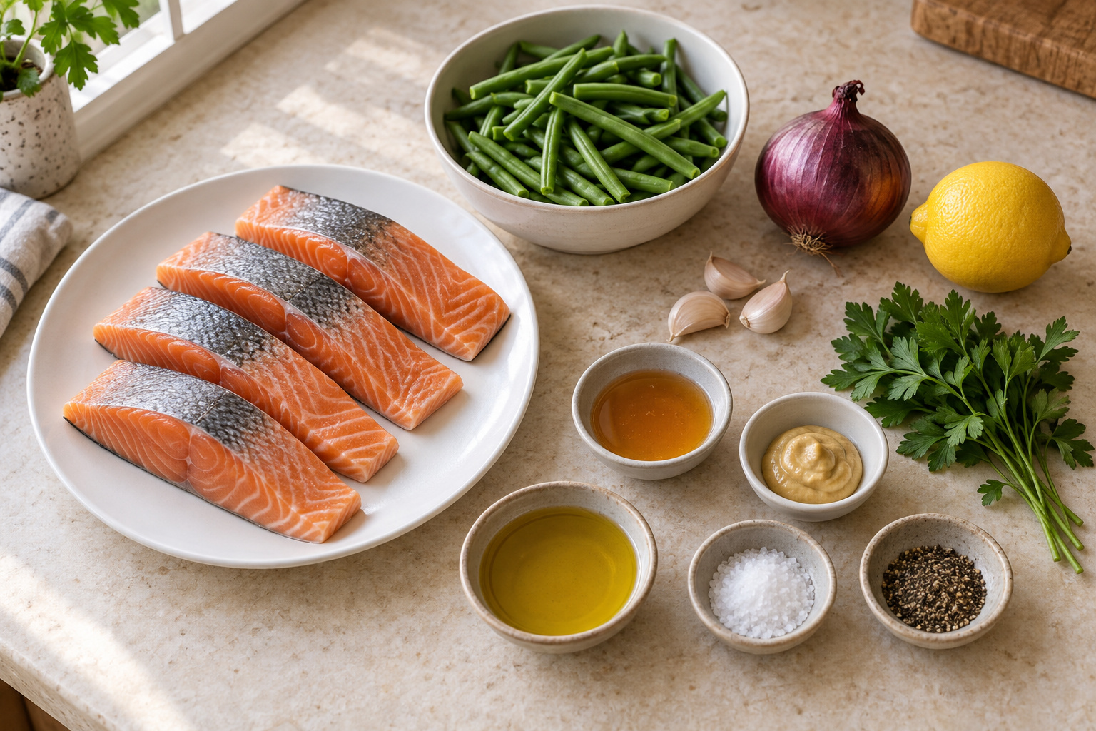 Ingredients for Honey-Garlic Lemon Salmon with Green Beans