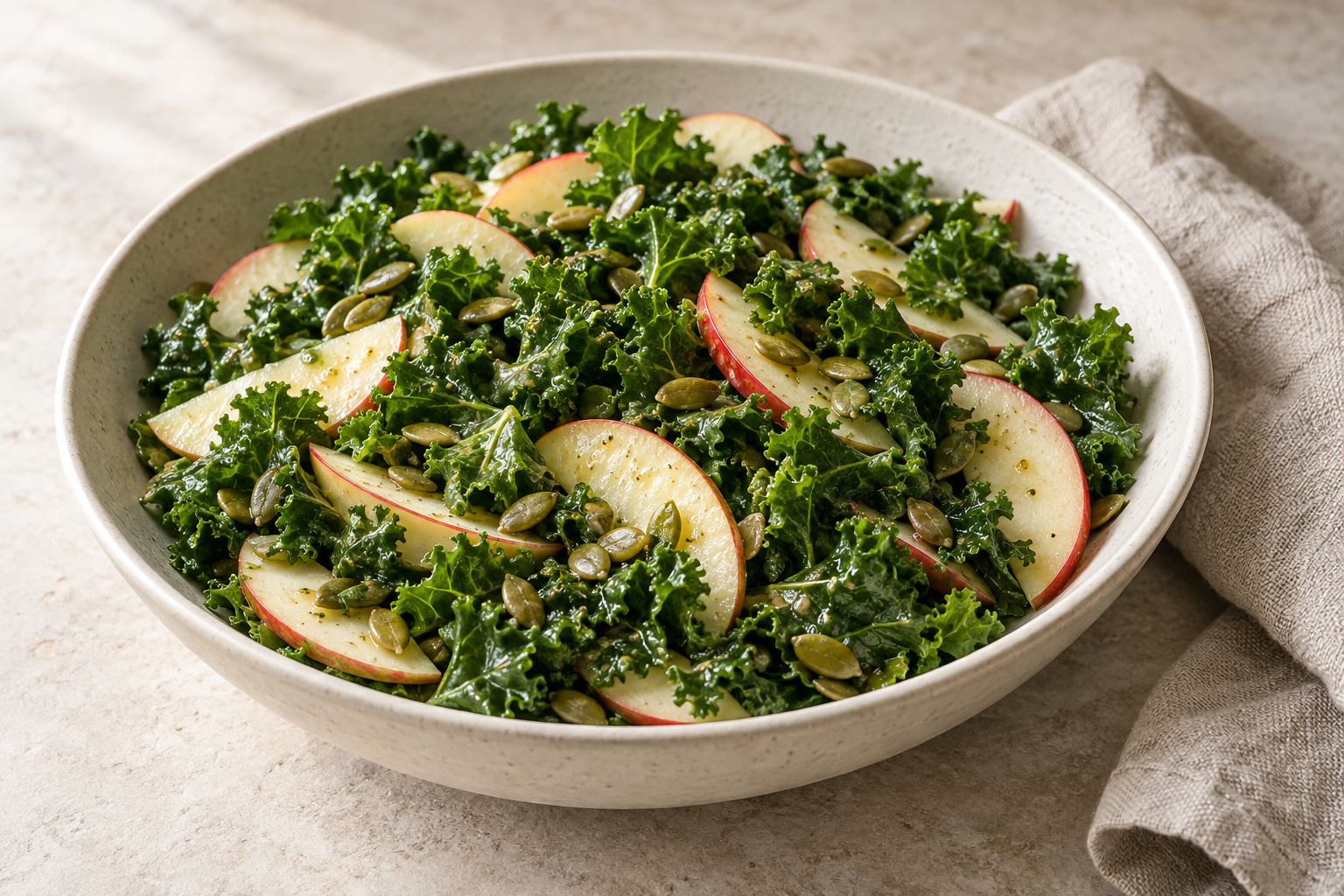 Lemon kale and apple salad with roasted pumpkin seeds in an ivory bowl.