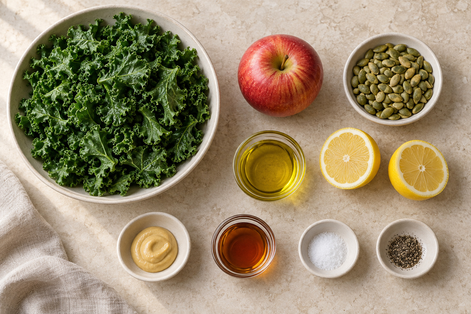Ingredients for Lemon Kale & Apple Salad with Pumpkin Seeds