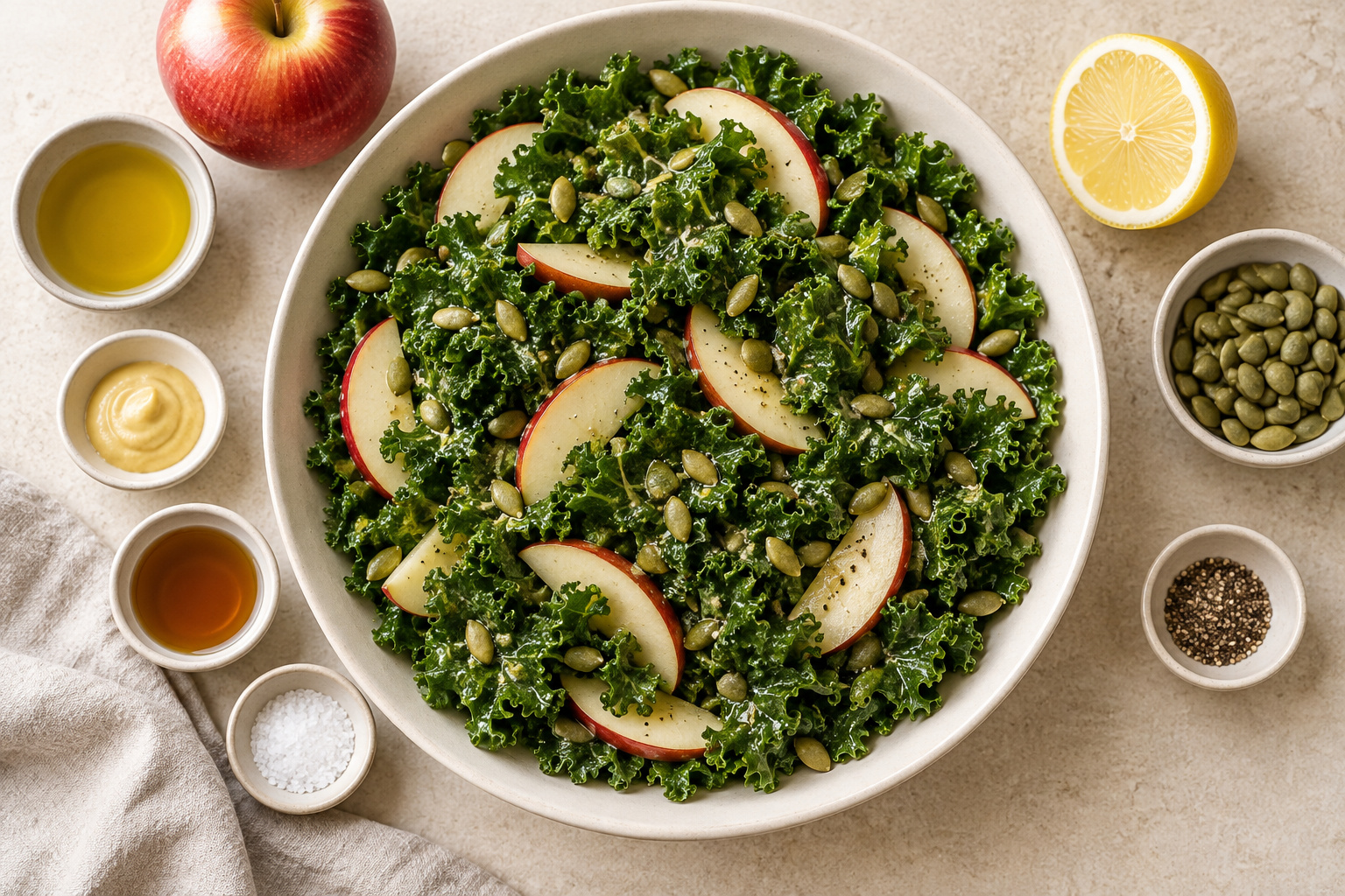 Lemon Kale & Apple Salad with Pumpkin Seeds, overhead view