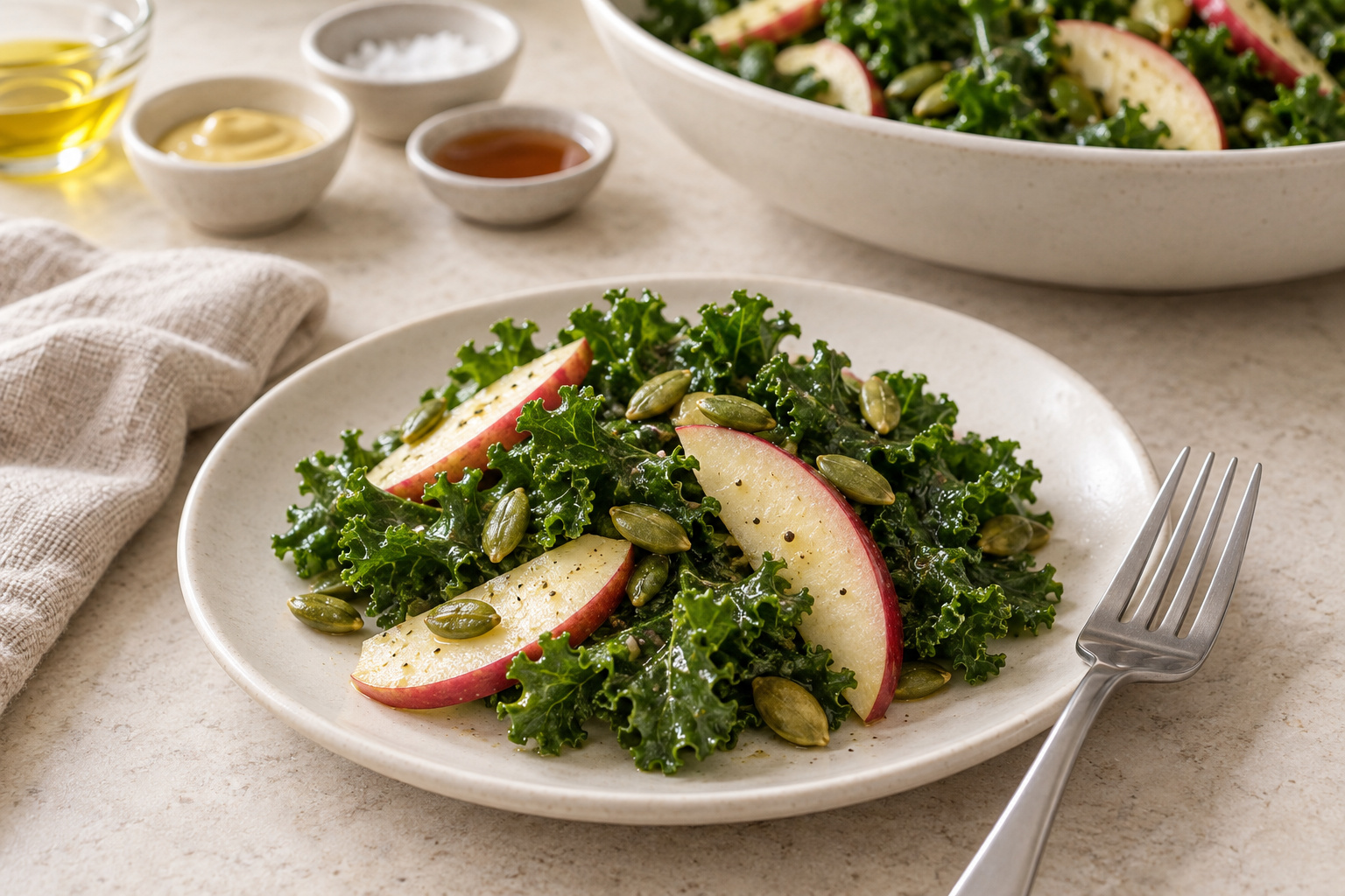 Lemon Kale & Apple Salad with Pumpkin Seeds, ready to serve