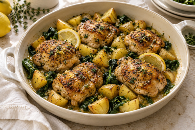 Lemon thyme chicken thighs with potatoes and spinach.