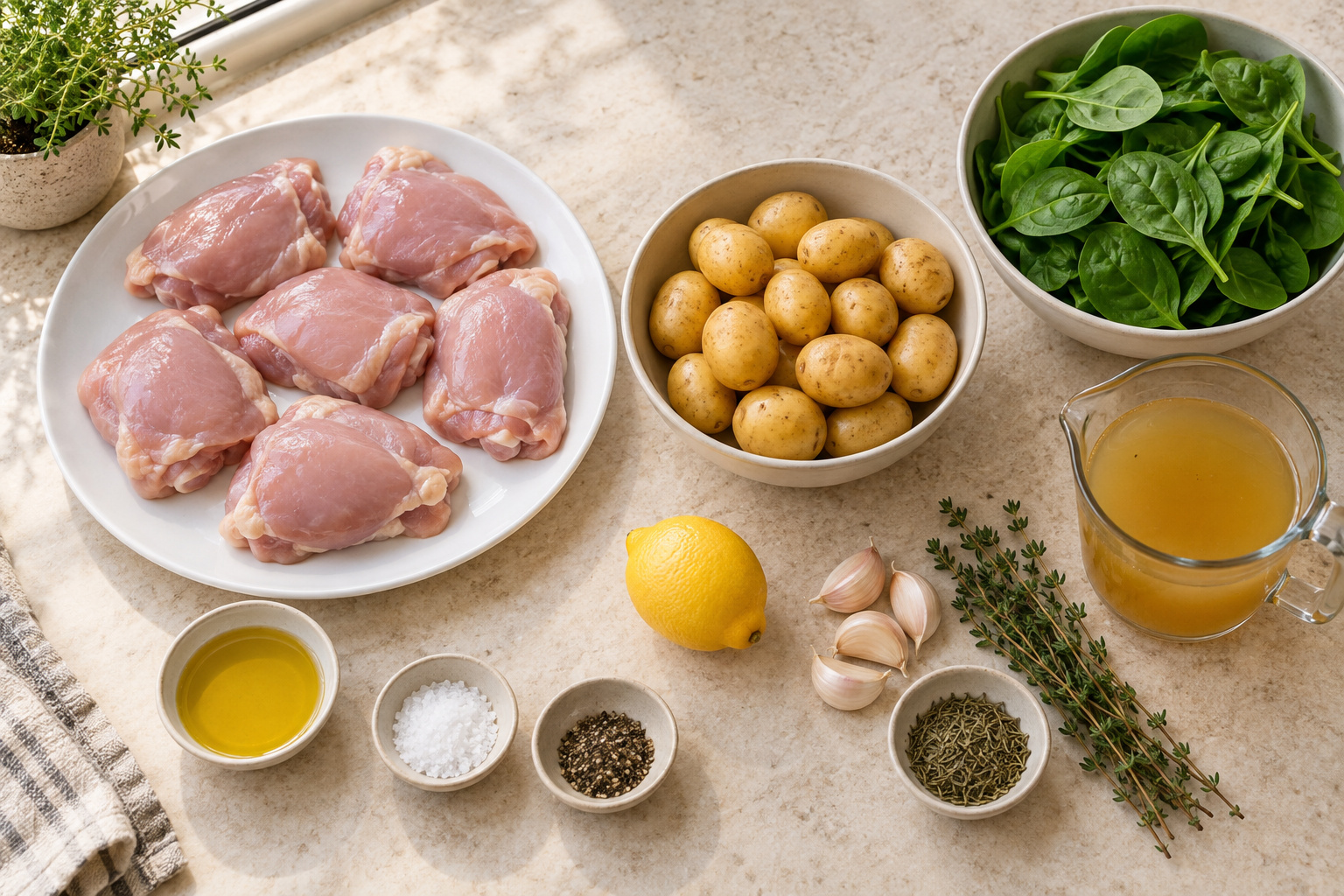 Ingredients for Lemon-Thyme Chicken Thighs with Potatoes and Spinach