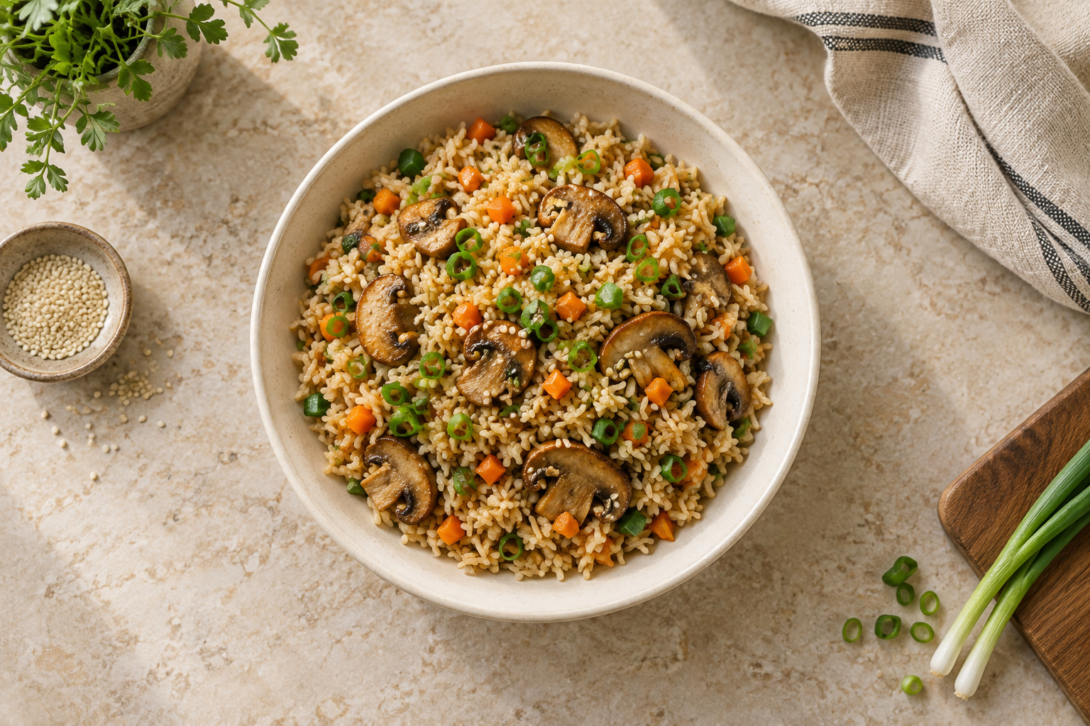 Sesame-Ginger Mushroom Rice, overhead view
