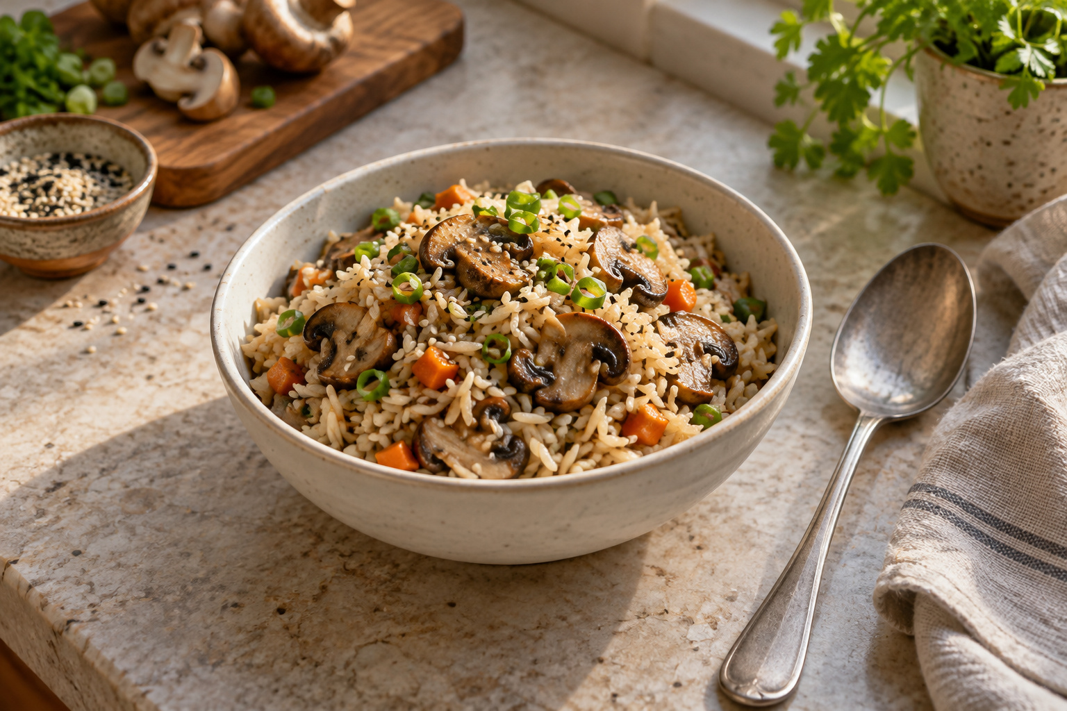 Sesame-Ginger Mushroom Rice, ready to serve