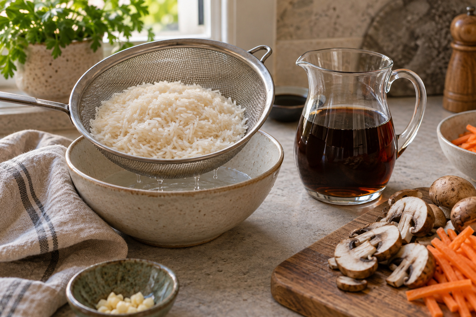 Step 1: Rinse the rice and prepare the liquid