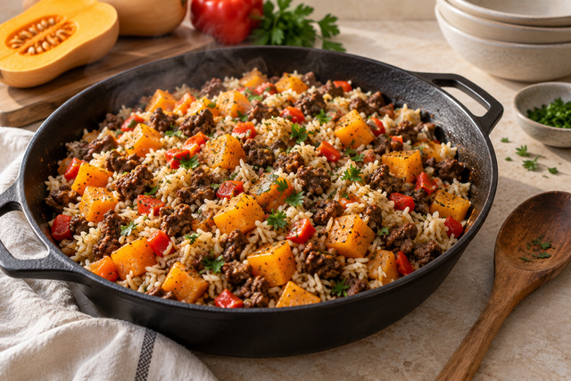 Beef, butternut squash and rice skillet.