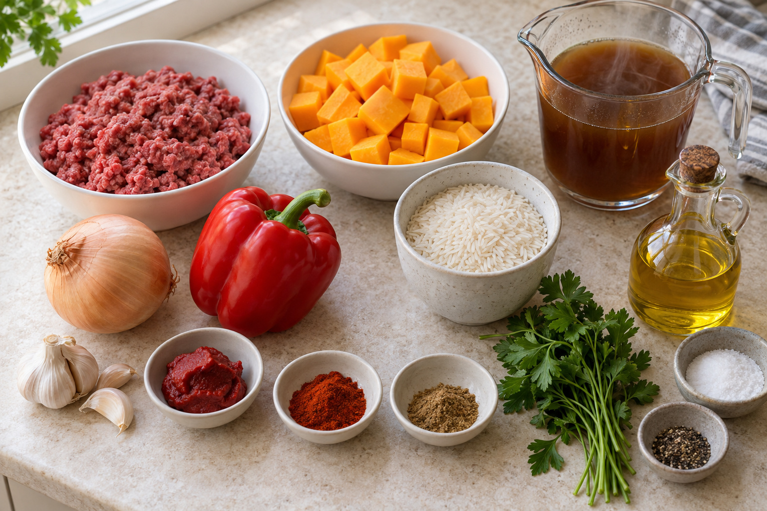 Ingredients for Smoky Beef, Butternut Squash and Rice Skillet