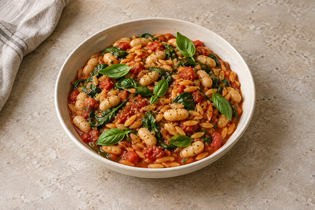 A shallow ivory bowl of small rice-shaped orzo pasta in chunky red tomato sauce with whole white cannellini beans, wilted spinach and fresh basil. No cheese.
