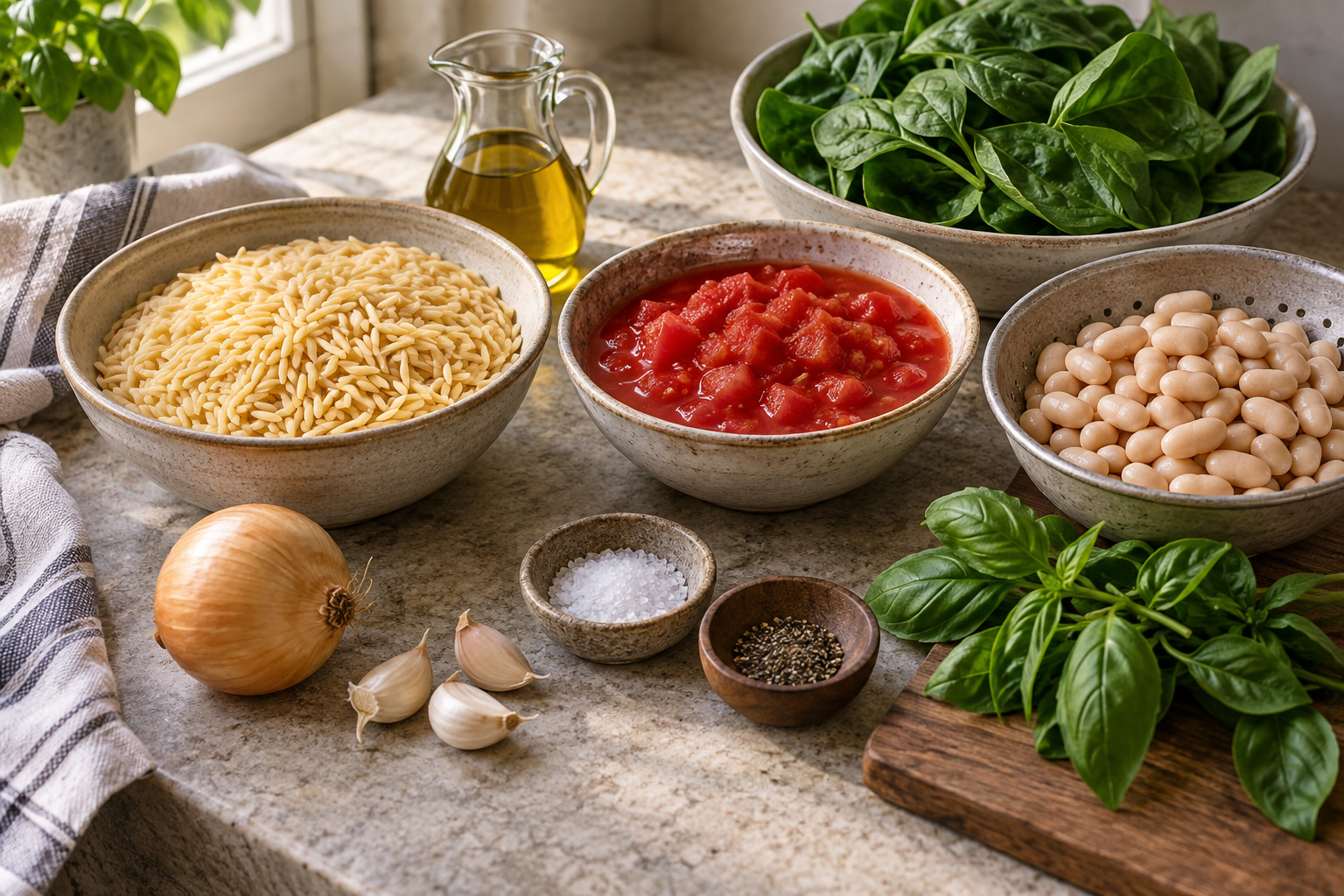 Ingredients for Tomato, White Bean and Spinach Orzo