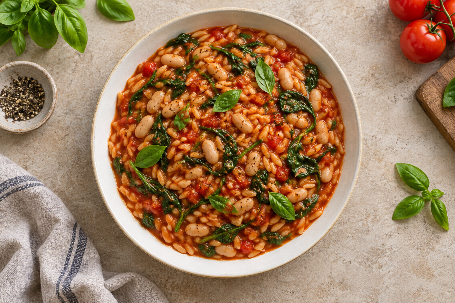 Tomato, White Bean and Spinach Orzo, overhead view