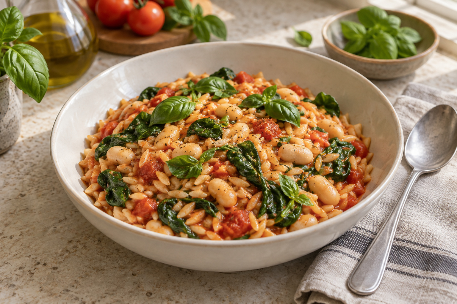 Tomato, White Bean and Spinach Orzo, ready to serve