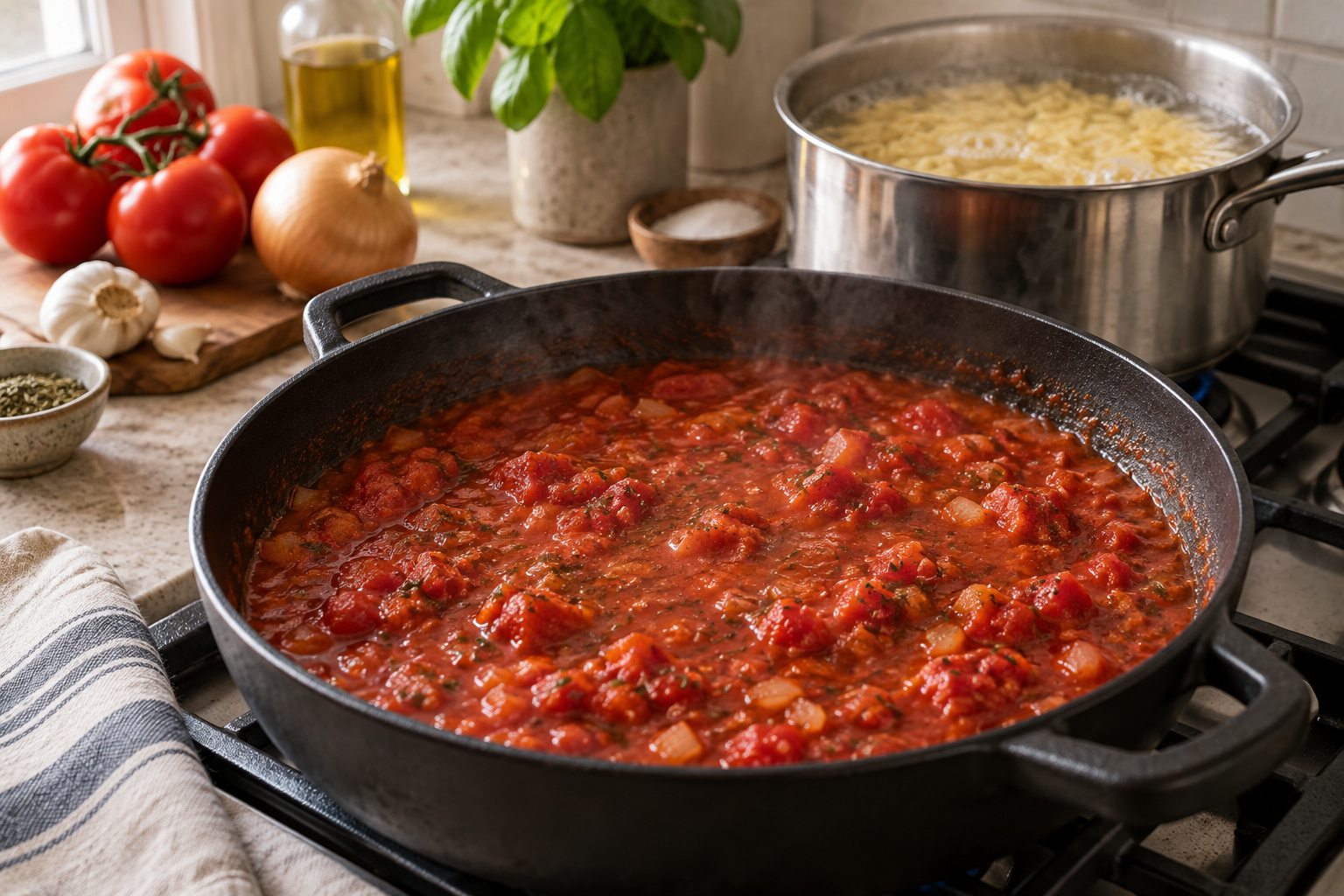 Step 2: Simmer the sauce and cook the orzo