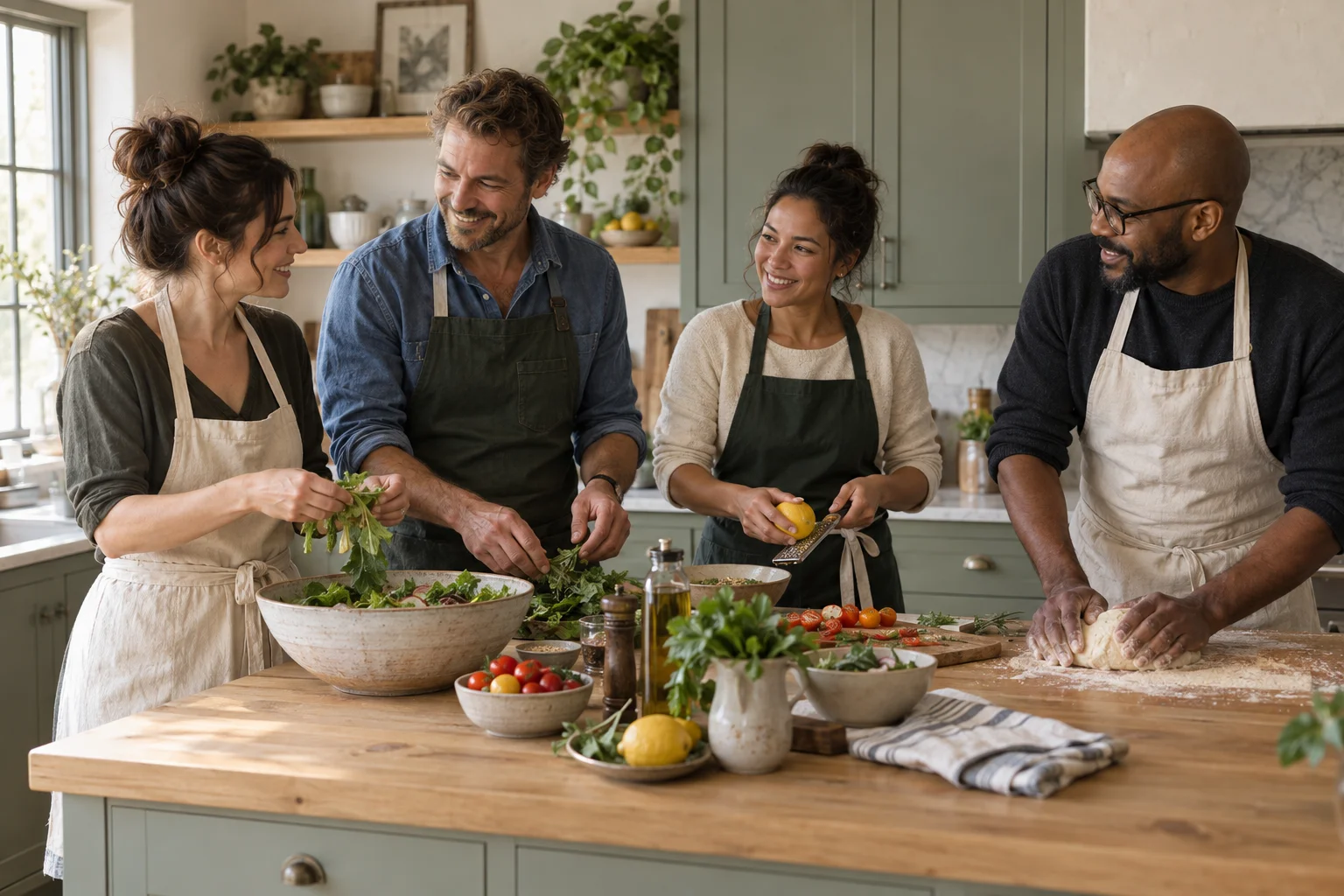 Four home cooks preparing food together in a sunlit kitchen.